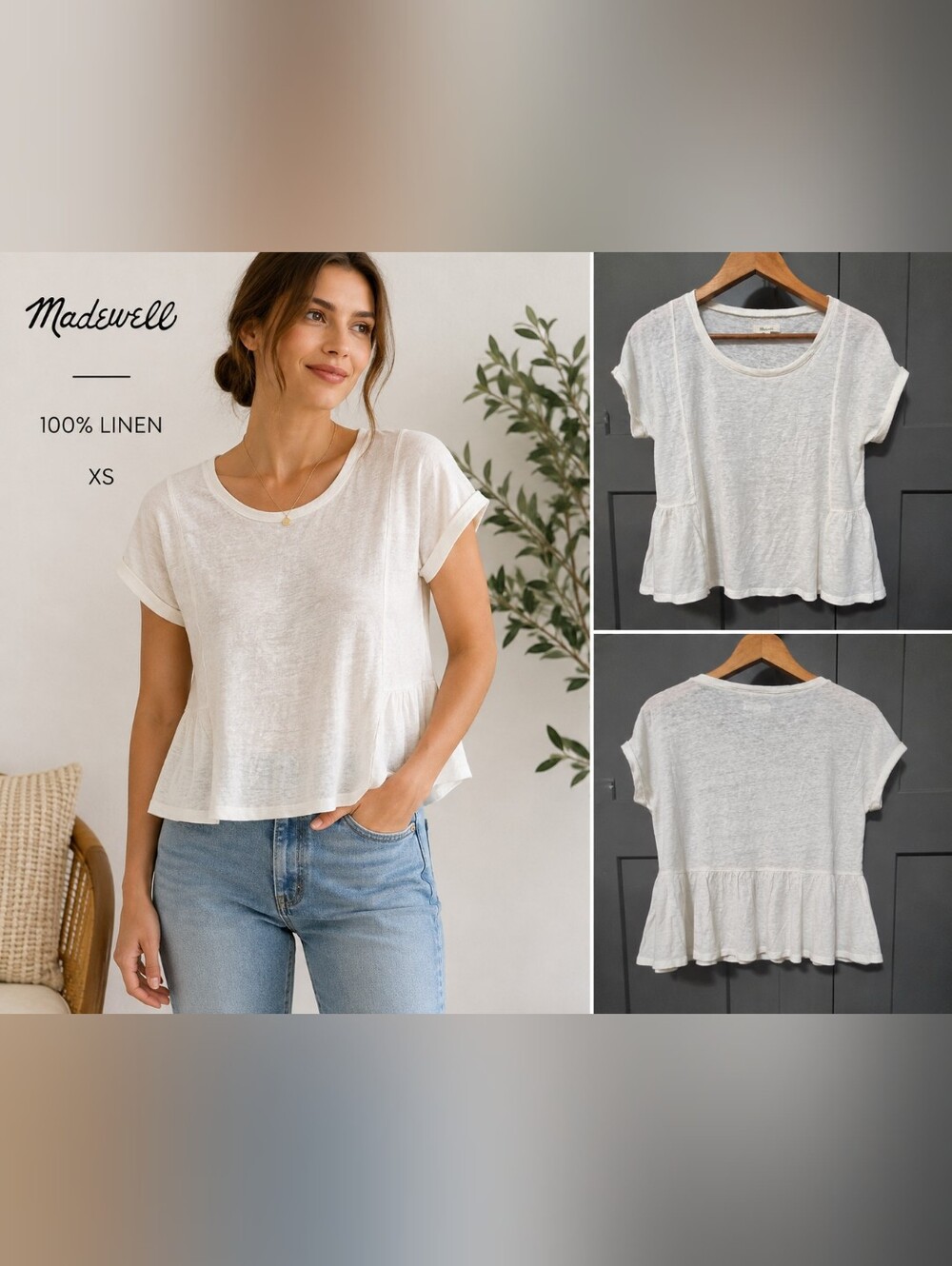 Madewell 100% Linen Ivory Peplum Top XS Short Sleeve Scoop Neck